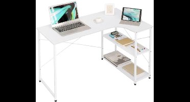 Hoekbureau L-vorm met 2 planken, computertafel/pc-tafel voor kantoor, thuiskantoor of gaming, industrieel design, wit, 120×71,5×74 cm