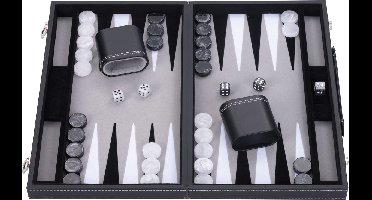 Backgammon 15 inch - Zwart, Wit & Grijs Ingelegd Bord - Kunstlederen Koffer met Handvat - Engelhart