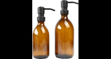 Groeikruid® Zeeppompjes Set | Zeepdispensers | Vrijstaand en Hervulbaar | 300 ml + 500 ml | Amber glas | RVS pompkop | Mat Zwart