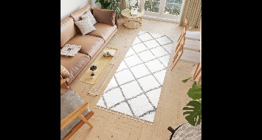 Tapiso Boho Loper Beige Kwastjes Modern Hoogpolig Woonkamer Vloerkleed Maat- 100x400