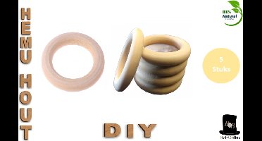 Bob Online ™ - 5 Stuks - Natuurlijke Hemuhout Ringen 60mm - Voor Knutselen, doe-het-zelf Handwerk, Sieraden, Hanger, Plantenhanger, Decoratie + Accessoires – 5 Pcs – 60mm Hemu Wood Rings - 60mm Hobby Houten Ringen