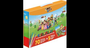 BIC Kids Super Mario Kleurdoos - met Kleurpotloden - Visaquarelle - Aquarelpotloden - Viltstiften en Stickers - Verschillende Kleuren - Herbruikbare Doos van 70 Stuks met 5 Stickervellen