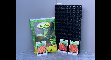 Buzzy® - moestuinzaden - aardbei - tomaat - winterwortel - zaaigrond en benodigdheden