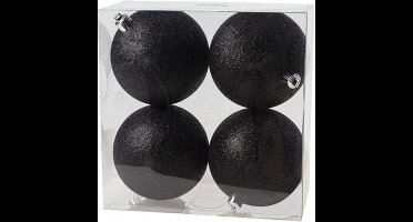 Cosy @Home Kerstballen Zwart glitter ø 10 cm - 4 Stuks