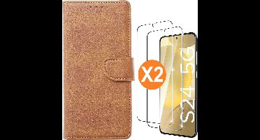 Hoesje geschikt voor Samsung Galaxy S24 5G hoesje bookcase Bruin - Met screenprotector tempered glass Galaxy S24 - 2x