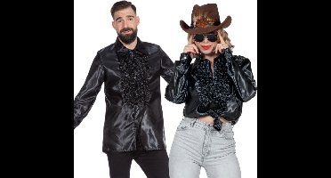 Jaren 80 & 90 Kostuum | Zwarte Ruchesblouse Satijn Foute Disco | Maat 54 | Carnaval kostuum | Verkleedkleding