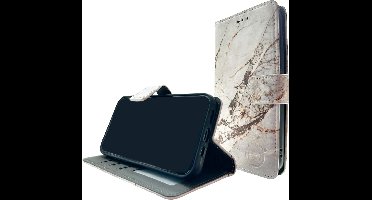 HEM Stylish Book Case (geschikt voor S24) Samsung S24 hoesje met 3 pasjesuitsnedes + fotovakje - Portemonneehoesje - pasjeshouder - Marble Wit/Goud