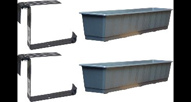 Set van 3 kunststof plantenbakken grijs rechthoekig 80 cm met 6 verstelbare railing beugels