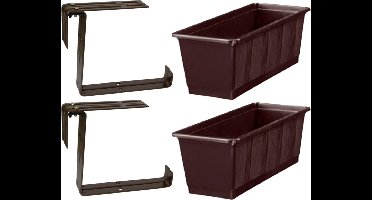 Set van 4 kunststof plantenbakken bruin rechthoekig 60 cm met 8 verstelbare railing beugels