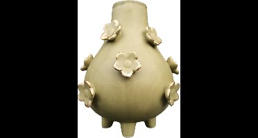 Vaas 'Fleur' groen | Aardewerk vaas | Bloemetjes motief | Goudkleurig detail | 15,5x15x19cm