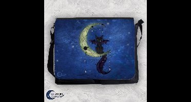 Kat op de Maan Schoudertas - Rechthoek Groot - Gevleugelde Kat - Fantasy Style Tas - Alternatieve Tas - Tas met Illustratie - Grote Schoudertas - Magische Wezens
