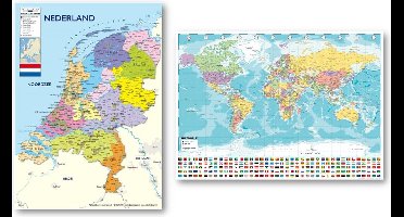 Wereldkaart en Nederland kaart poster - Set van twee posters - Landkaarten - Formaat 50 x 70 cm