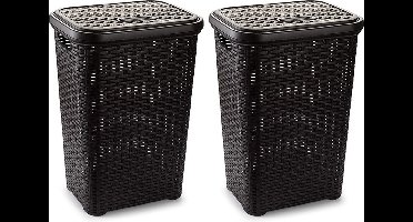 Plasticforte Wasmand met deksel - 2x stuks - 60 liter - donkerbruin - rotan - kunststof - L35 x B43 x H62 cm