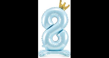 Partydeco - Staande folieballon Cijfer 8 Sky-Blue met kroon 84 cm