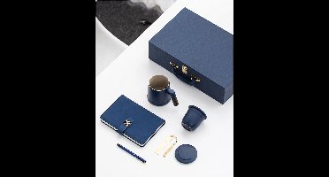 Business set-kantoor beker, Pen, notitieboek, Boekmark, Blauw cadeauset