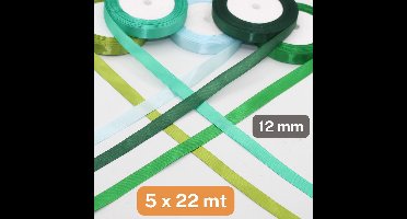 5 Rollen SATIJNLINT ENKELZIJDIG, Breedte 12MM, Mix GROEN en BLAUW (set A), Decoratie voor Bruiloft, Ceremonie, Feest, Verpakking, Cadeau, Verjaardag en Boeket Bloemen