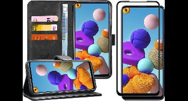 Hoesje geschikt voor Samsung A21s en Screenprotector - Book Case Kunstleer Wallet Zwart + Screen Protector Full