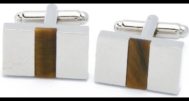 Manchetknopen - Zilverkleurig met Tijgeroog Edelsteen Rechthoek