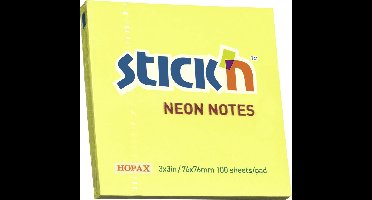 Stick'n sticky notes - memoblok 76x76mm, neon geel, 100 memoblaadjes