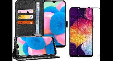 Hoesje geschikt voor Samsung Galaxy A30s - Screen Protector GlassGuard - Book Case Kunstleer Pasjeshouder Zwart & Screenprotector