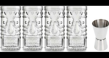 4x Cocktailglazen / Mai Tai glazen transparant 490 ml - Met RVS maatbeker / barmaatje 2-in-1 15/30 ml