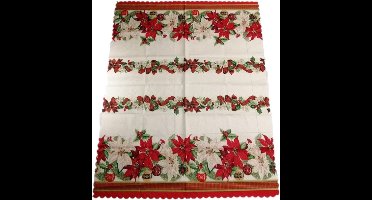 Kerst thema print tafelkleed van 150 x 180 cm - Kerstbloemen print in de kleuren ecru/groen/rood - Materiaal: polyester