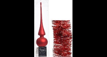 Kerstversiering glazen piek mat 26 cm en folieslingers pakket rood van 3x stuks - Kerstboomversiering