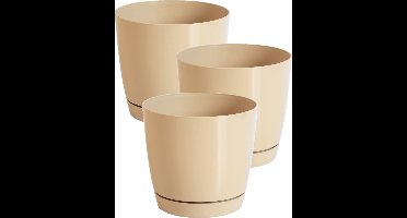 Set van 3x stuks plantenpotten/bloempotten kunststof rond glanzend mat goud dia 28 x hoogte 26 cm voor binnen/buiten