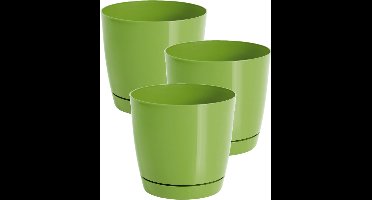 Prosperplast Plantenpot/bloempot met opvangschaal - Set van 3x stuks - kunststof - lime groen D18 x H17 cm - binnen/buiten
