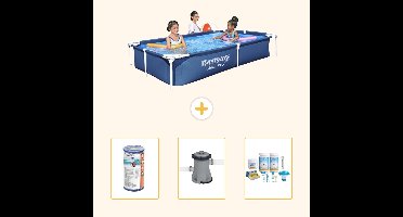 Bestway Rechthoekig Steel Pro Zwembad - 221 x 150 x 43 cm - Blauw - Inclusief Filter - Zwembadfilterpomp - Onderhoudspakket - 4-delig