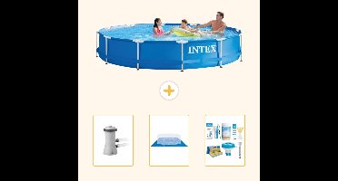 Intex Rond Frame Zwembad - 366 x 76 cm - Blauw - Inclusief Pomp - Grondzeil - Onderhoudspakket - 4-delig