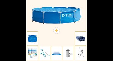 Intex Rond Frame Zwembad - 366 x 76 cm - Blauw - Inclusief Onderhoudspakket - Schoonmaakset - Grondzeil - Zwembadfilterpomp - Voetenbad - Ladder - Solarzeil - 8-delig