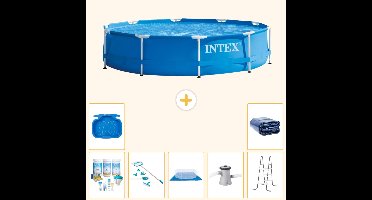 Intex Rond Frame Zwembad - 305 x 76 cm - Blauw - Inclusief Onderhoudspakket - Schoonmaakset - Grondzeil - Zwembadfilterpomp - Voetenbad - Ladder - Solarzeil - 8-delig