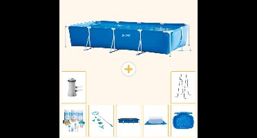 Intex Rechthoekig Frame Zwembad - 450 x 220 x 84 cm - Blauw - Inclusief Onderhoudspakket - Schoonmaakset - Afdekzeil - Grondzeil - Zwembadfilterpomp - Voetenbad - Ladder - 8-delig