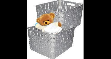 Plasticforte Opbergmand - 2x - Kastmand - rotan kunststof - zilver - 28 Liter - 34 x 40 x 23 cm