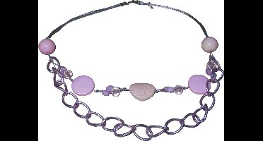 Ketting zilver met roze schakels en diverse patronen dubbel