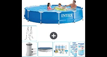 Intex Rond Frame Zwembad - 366 x 76 cm - Blauw - Inclusief Pomp Afdekzeil - Onderhoudspakket - Filters - Ladder