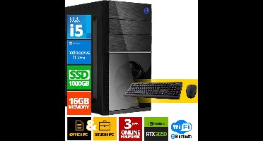 Intel Compleet PC + Muis & Toetsenbord | Intel Core i5 | 16 GB DDR4 | 1 TB SSD | RTX 3050 | Windows 11 Pro | Wi-Fi & Bluetooth