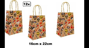 12x Koordtas Piraten 16cm x 22cm - Goodiebag papieren draagtas tas|koord festival kado themafeest party geschenken verjaardag