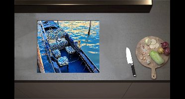 Inductieplaat Beschermer - Blauwe Gondel met Gouden Details op de Wateren van Venetië - 60x51 cm - 2 mm Dik - Inductie Beschermer - Bescherming Inductiekookplaat - Kookplaat Beschermer van Zwart Vinyl