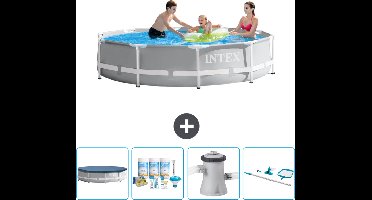Intex Rond Prism Frame Zwembad - 305 x 76 cm - Grijs - Inclusief Afdekzeil - Onderhoudspakket - Zwembadfilterpomp - Schoonmaakset