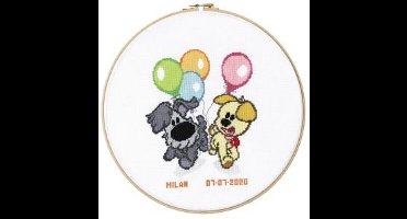 Pako Borduurpakket - Geboorte - telpatroon met codekaart - Woezel & Pip kids geboortetegel Woezel & Pip met ballonnen - voorgesorteerd garen - Aida - 30 cm Rond - DIY kit-