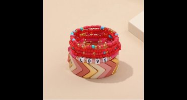 Armband - SET van 6 - Armband Dames - Polsbandjes - Armbanden - Roze - Armbanden Set - Kralen Armband Dames - Vrolijke Armbanden - Mode Accessoires - Sieraden Dames - Roze Goudkleurig Wit