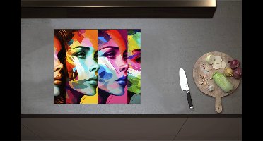 Inductieplaat Beschermer - Artistieke Collage van Zijaanzichten van Kleurrijke Vrouwen - 59x51 cm - 2 mm Dik - Inductie Beschermer - Bescherming Inductiekookplaat - Kookplaat Beschermer van Zwart Vinyl