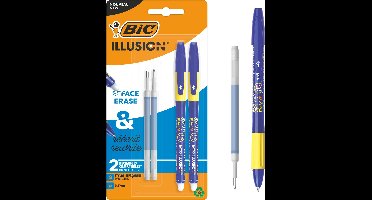 BIC Illusion Uitwisbare Balpen - Blauwe pen met 2 Navullingen - Medium Punt 0,7 mm - 2 stuks