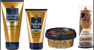 Vergulde Hand 4 Delige Set - After Shave Balsem / Orginele Scheerkwast / Scheerzeep / Douchegel