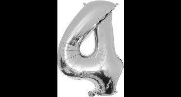 Folie ballon cijfer 4 - 86 cm - Zilver - verjaardag - jubileum - geschikt voor helium en lucht - inclusief rietje