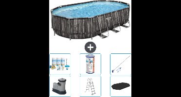 Bestway Ovaal Power Steel Zwembad - 610 x 366 x 122 - Grijs - Inclusief Pomp - Ladder - Afdekzeil Onderhoudspakket - Filter - Schoonmaakset