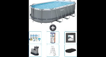 Bestway Ovaal Power Steel Zwembad - 549 x 274 x 122 - Grijs - Inclusief Pomp - Ladder - Afdekzeil Onderhoudspakket - Filter - Vloertegels