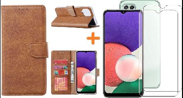 Hoesje Geschikt Voor Samsung Galaxy A22 5G hoesje bookcase Bruin Met screenprotector / 2X tempered glass